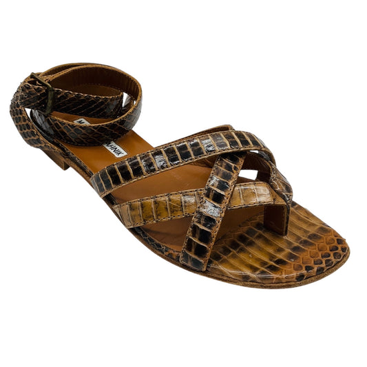 Manolo Blahnik Tan Snakeskin Leather Ankle Wrap Flat Sandals