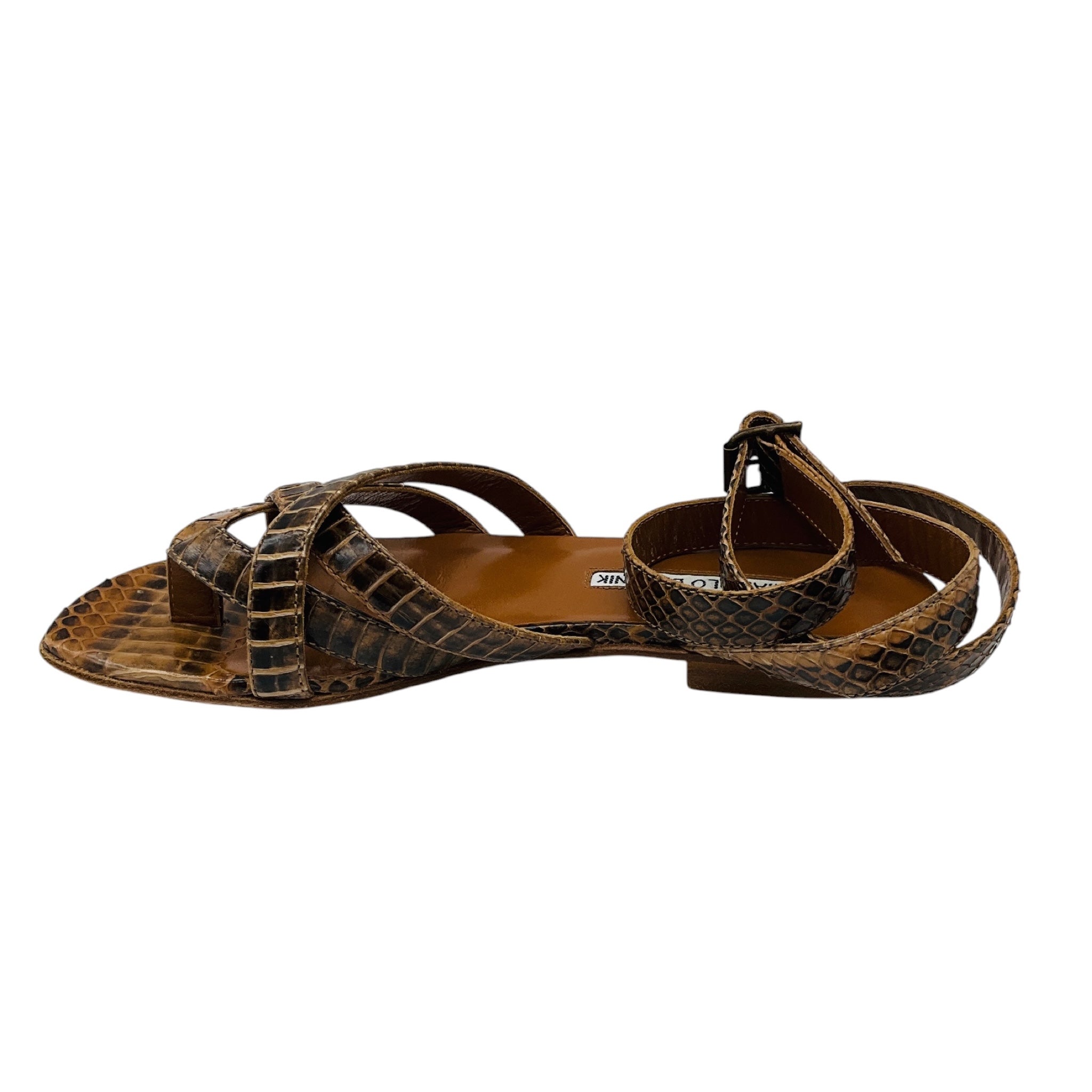Manolo Blahnik Tan Snakeskin Leather Ankle Wrap Flat Sandals