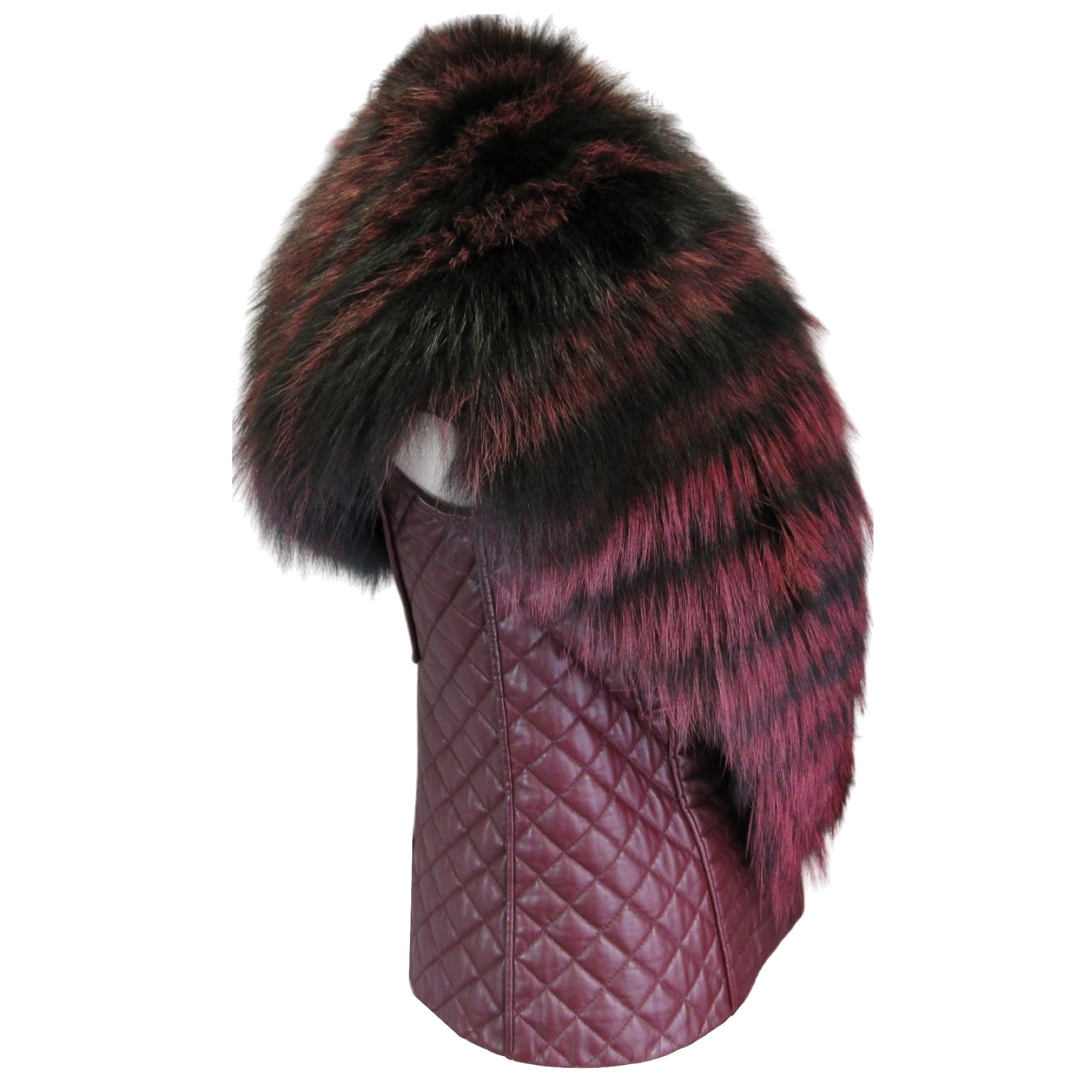 J. Mendel Burgundy Fox Fur Trimmed Quilted Leather Vest