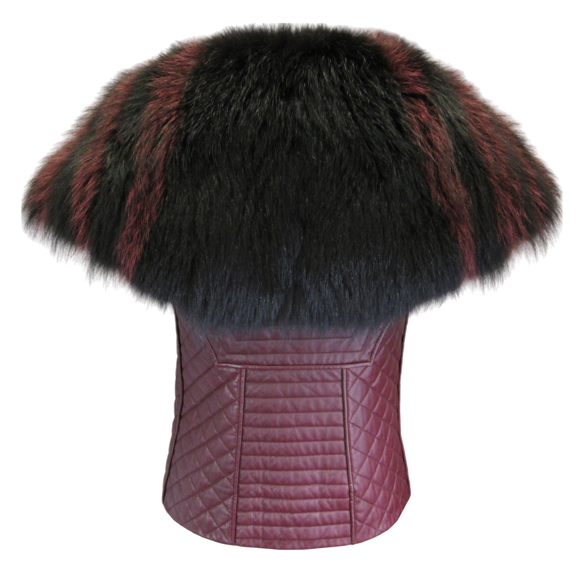 J. Mendel Burgundy Fox Fur Trimmed Quilted Leather Vest