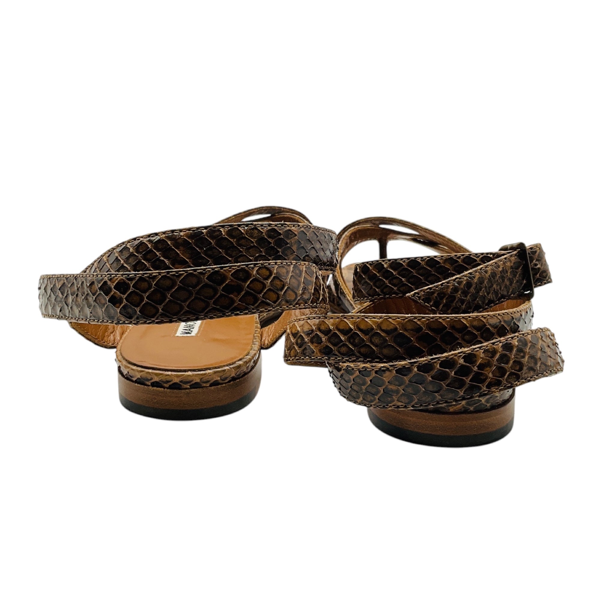 Manolo Blahnik Tan Snakeskin Leather Ankle Wrap Flat Sandals