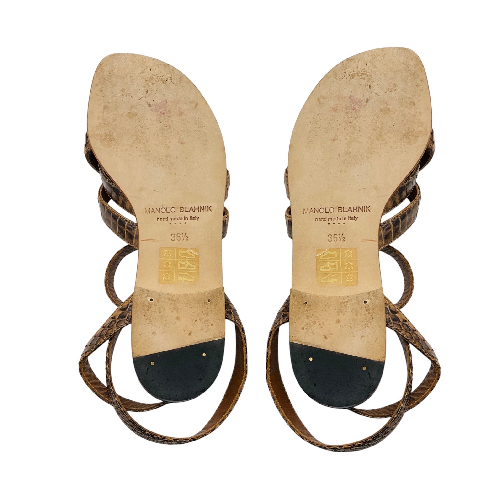 Manolo Blahnik Tan Snakeskin Leather Ankle Wrap Flat Sandals