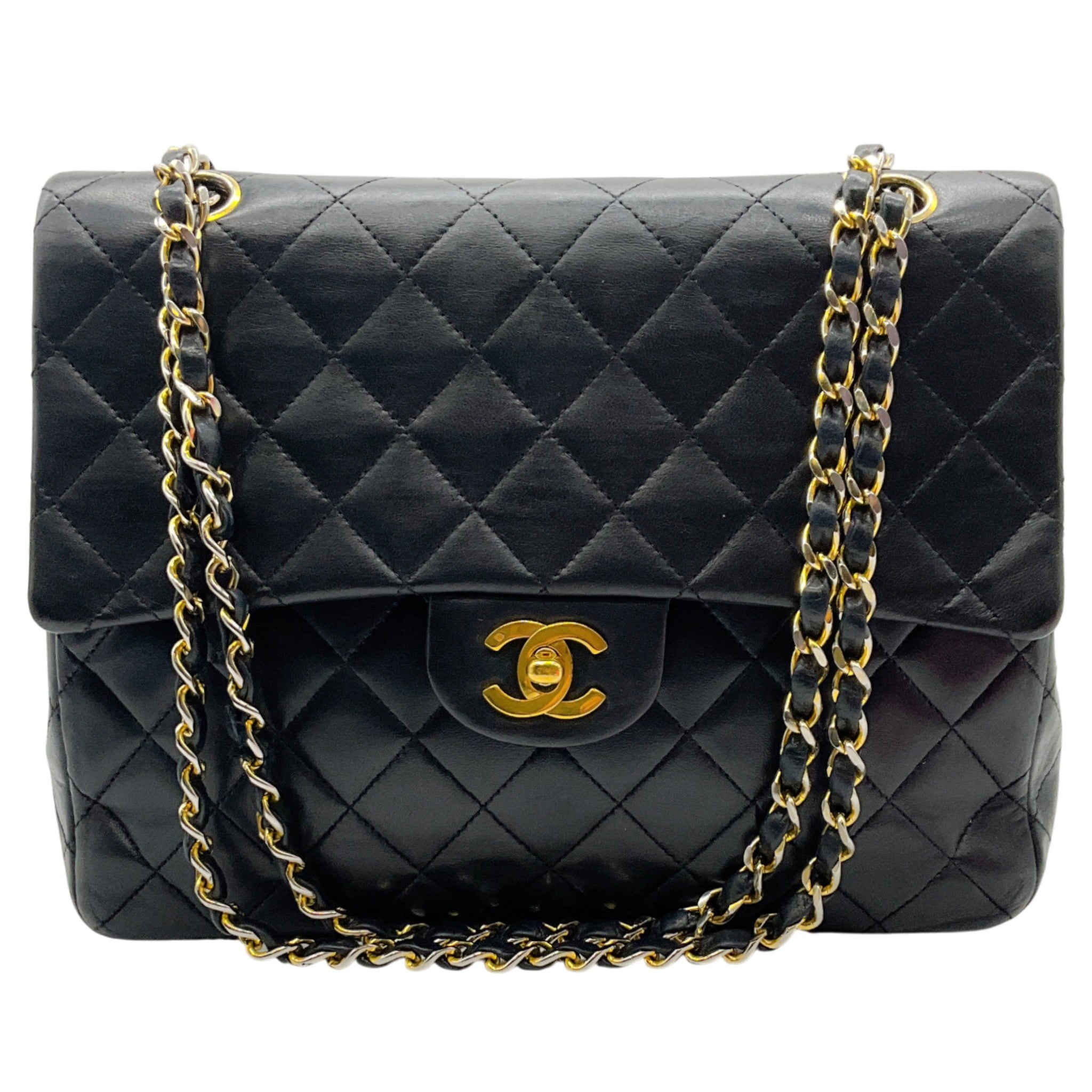 Chanel Vintage 1980's Black Leather Classic Square Double Flap Bag
