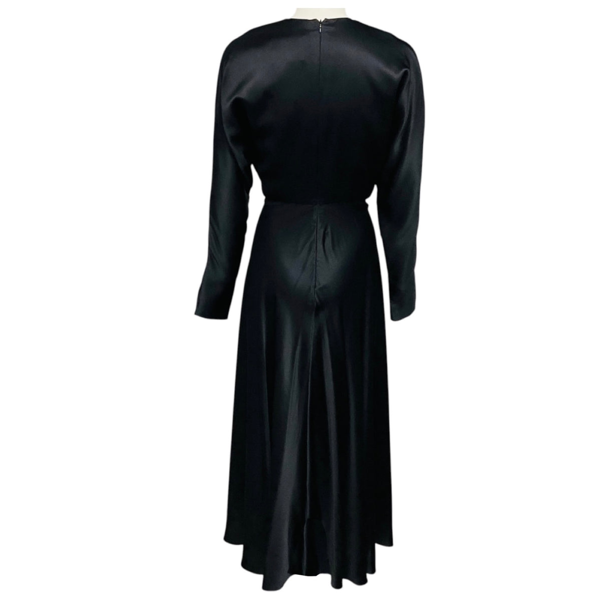 Alejandra Alonso Rojas Black Ruffled Long Sleeved Silk Midi Cocktail Dress