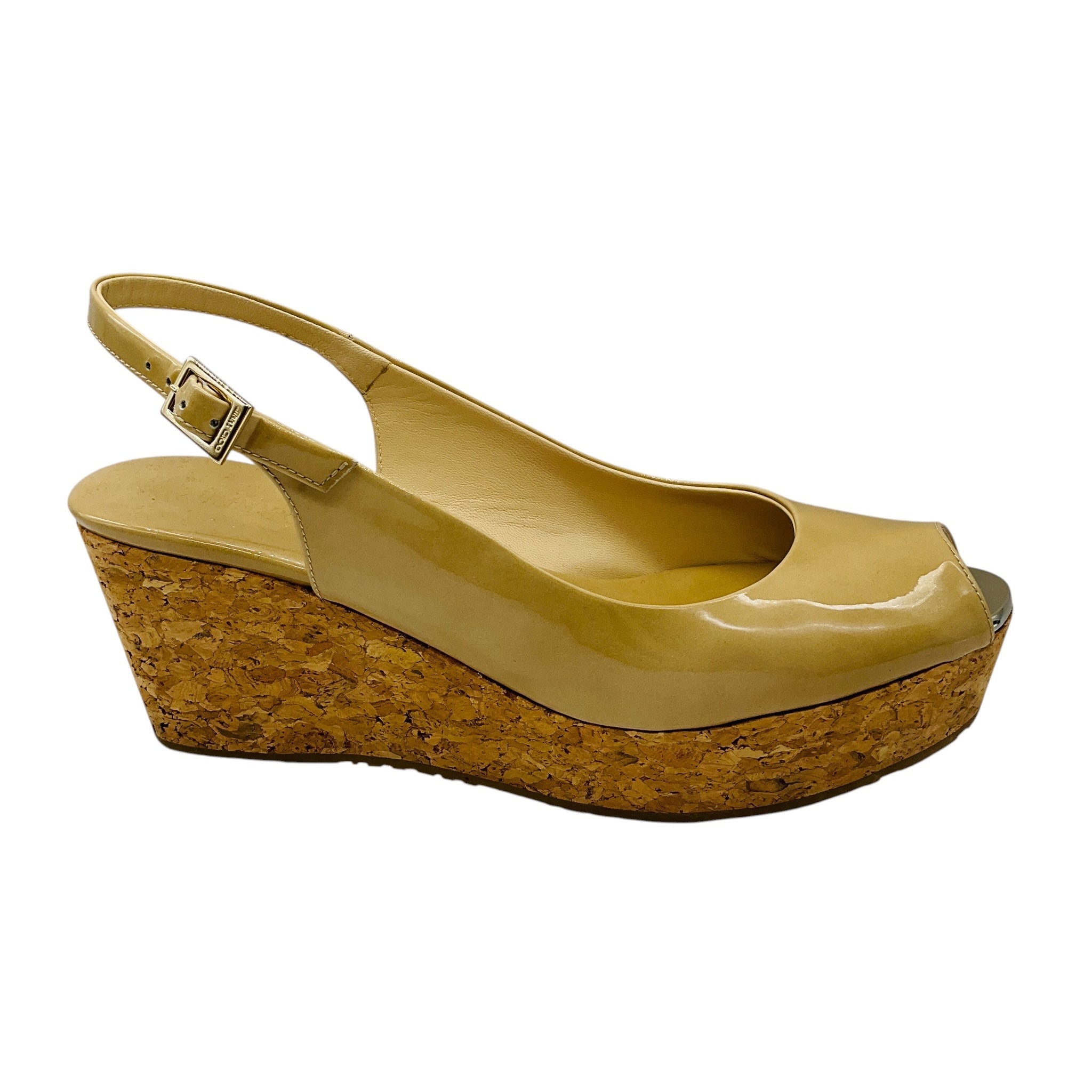 Jimmy Choo Nude Beige Patent Leather Cork Platform Wedge Sandals