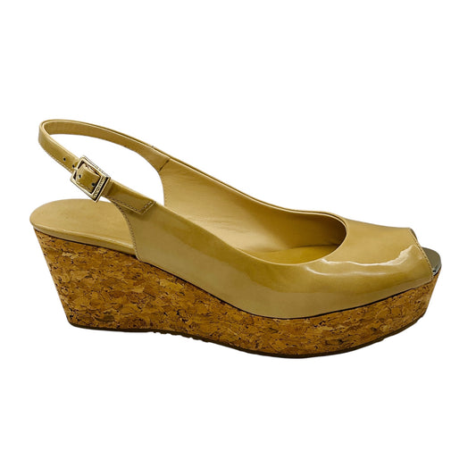 Jimmy Choo Nude Beige Patent Leather Cork Platform Wedge Sandals