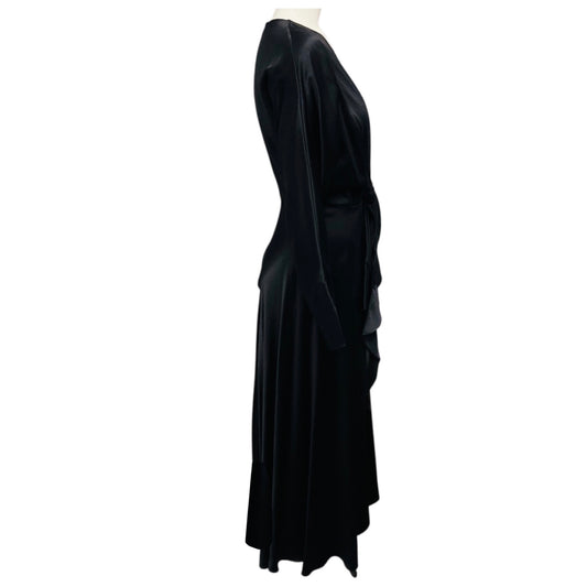 Alejandra Alonso Rojas Black Ruffled Long Sleeved Silk Midi Cocktail Dress