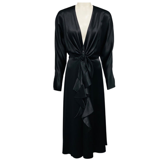 Alejandra Alonso Rojas Black Ruffled Long Sleeved Silk Midi Cocktail Dress