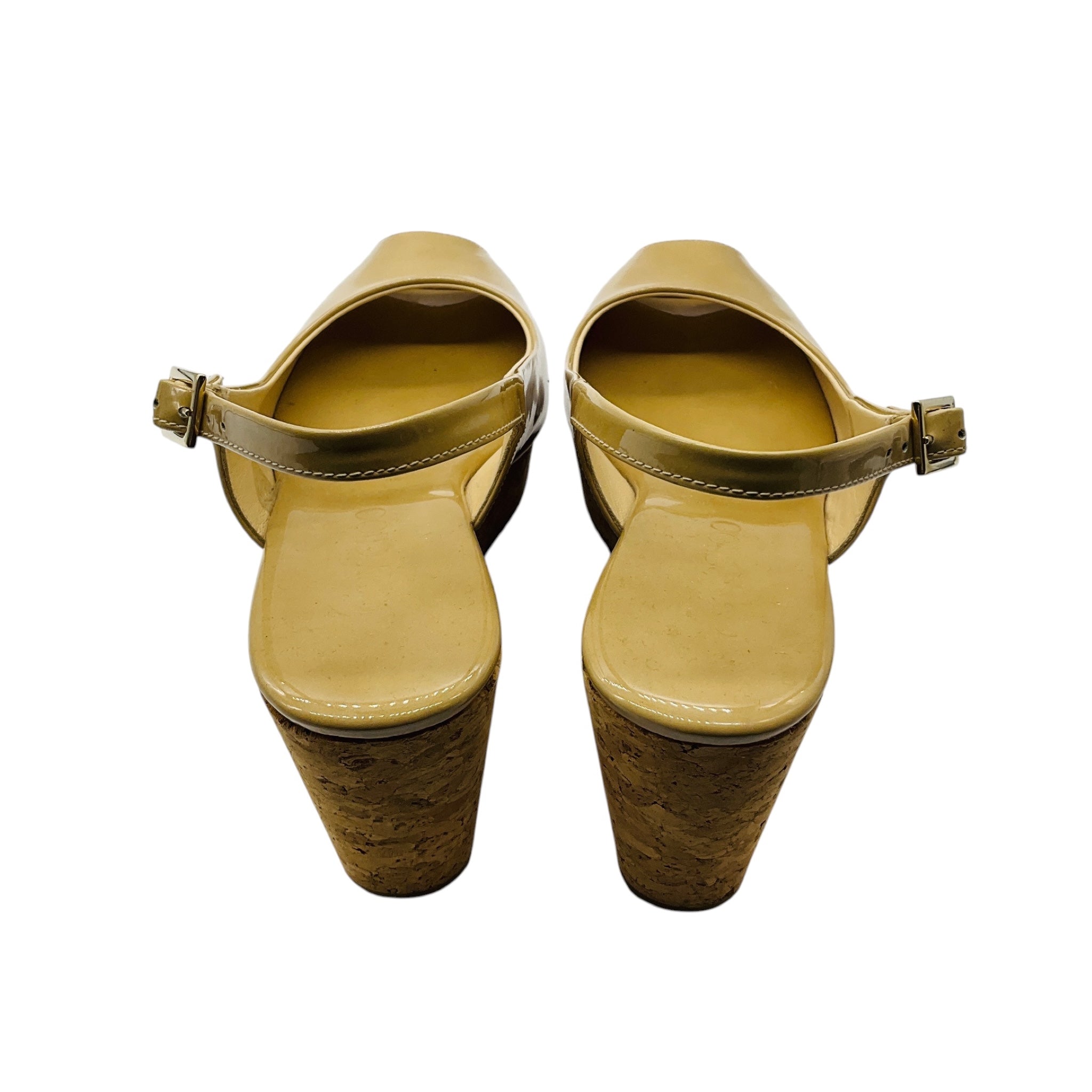 Jimmy Choo Nude Beige Patent Leather Cork Platform Wedge Sandals