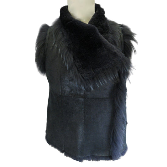 Yves Salomon Midnight Rabbit Fur Lined Leather Vest