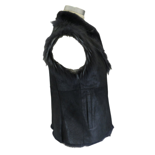 Yves Salomon Midnight Rabbit Fur Lined Leather Vest