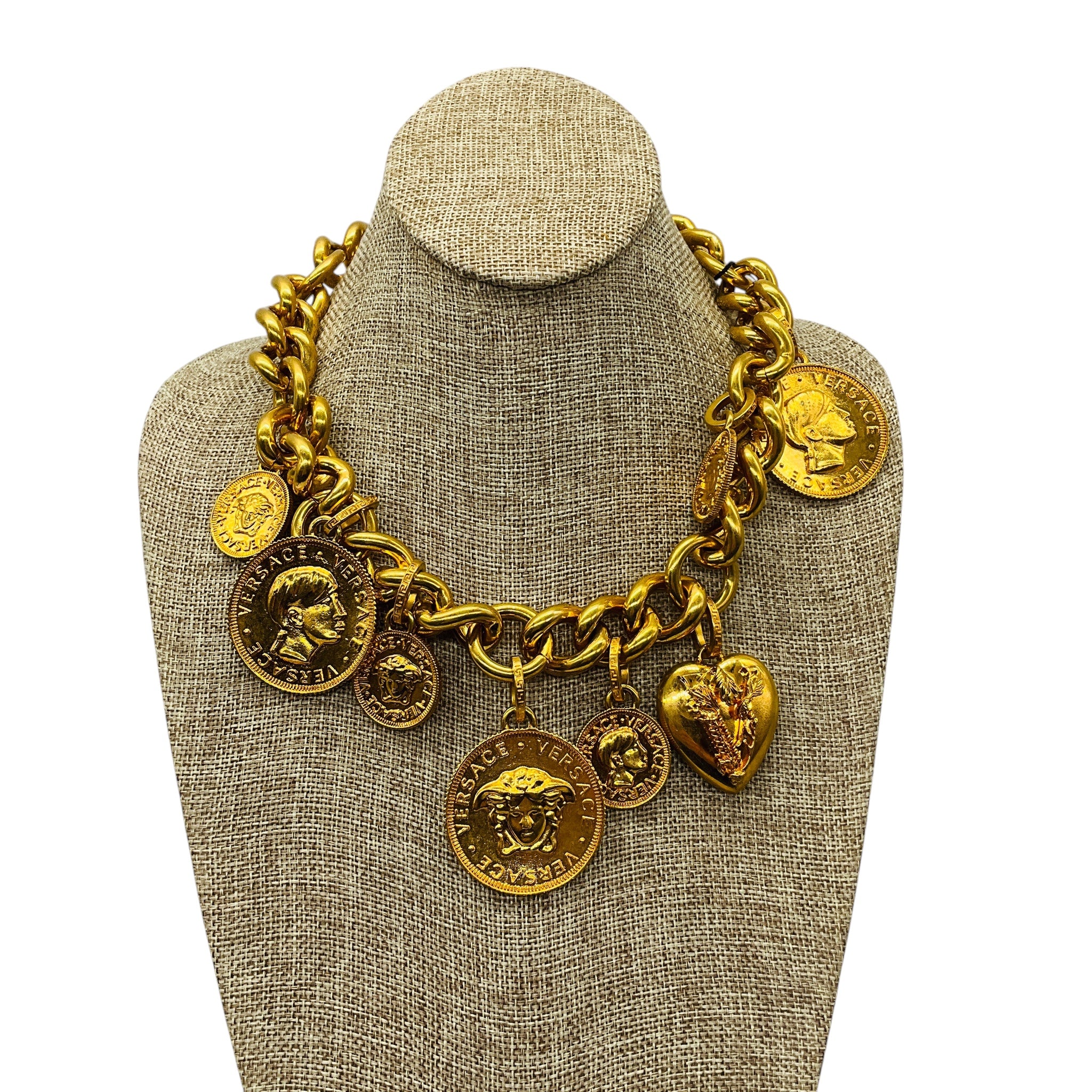 Versace Tribute Gold Heritage Medusa Coin and Heart Medallion Charm Chunky Chain Necklace