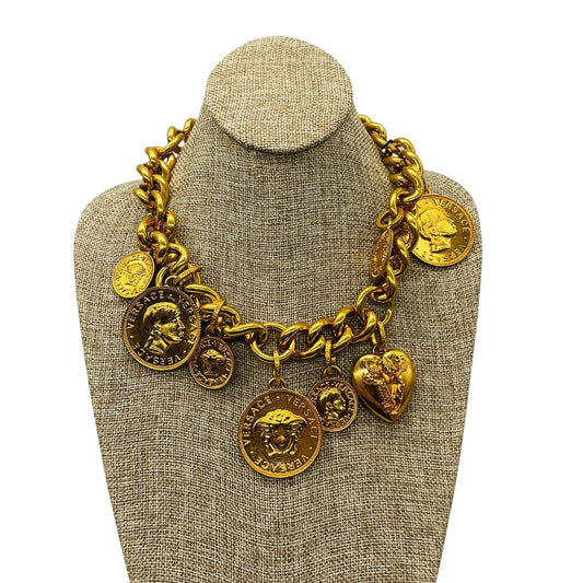 Versace Tribute Gold Heritage Medusa Coin and Heart Medallion Charm Chunky Chain Necklace