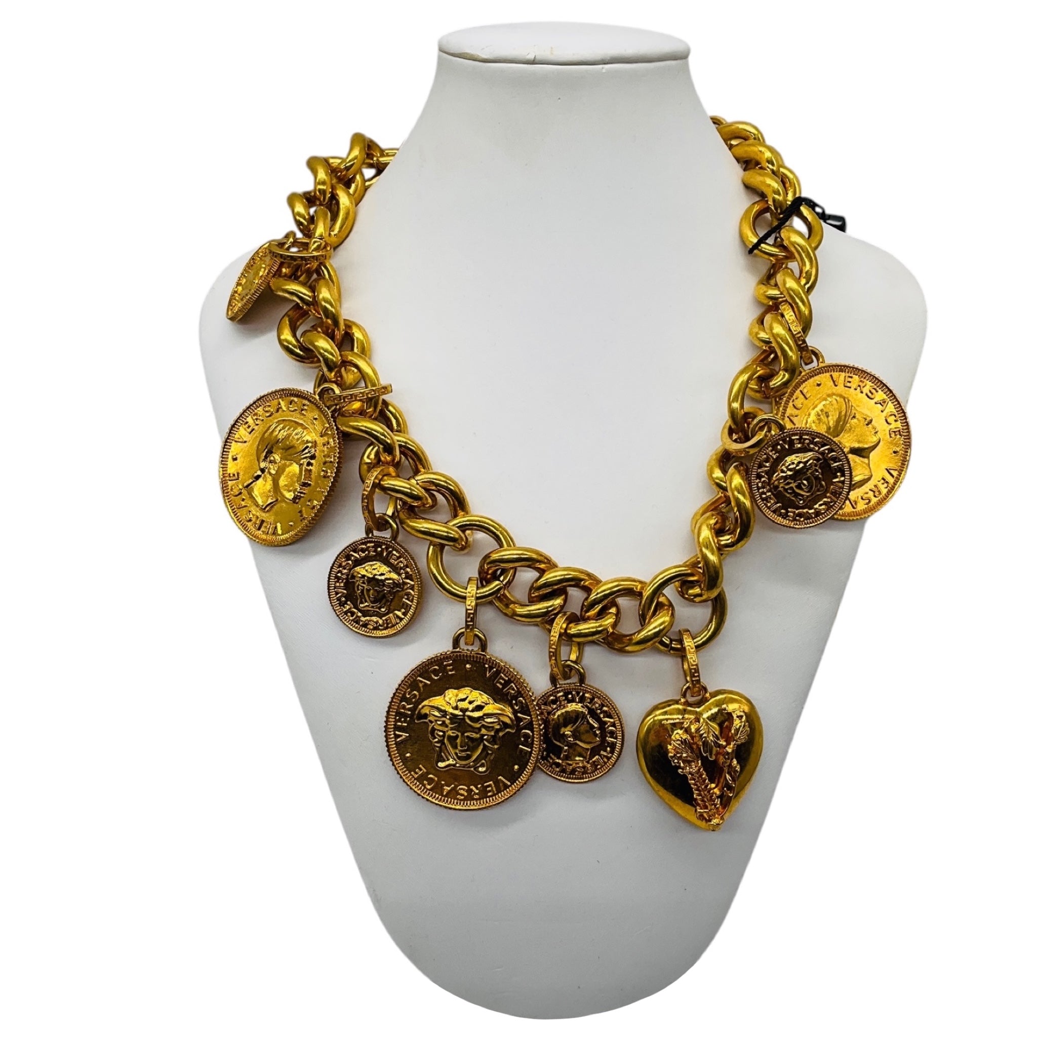 Versace Tribute Gold Heritage Medusa Coin and Heart Medallion Charm Chunky Chain Necklace