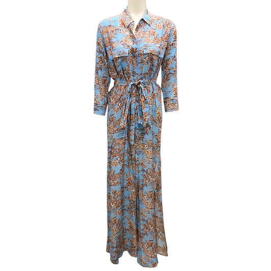 L'Agence Blue / Brown Printed Button-down Silk Maxi Dress