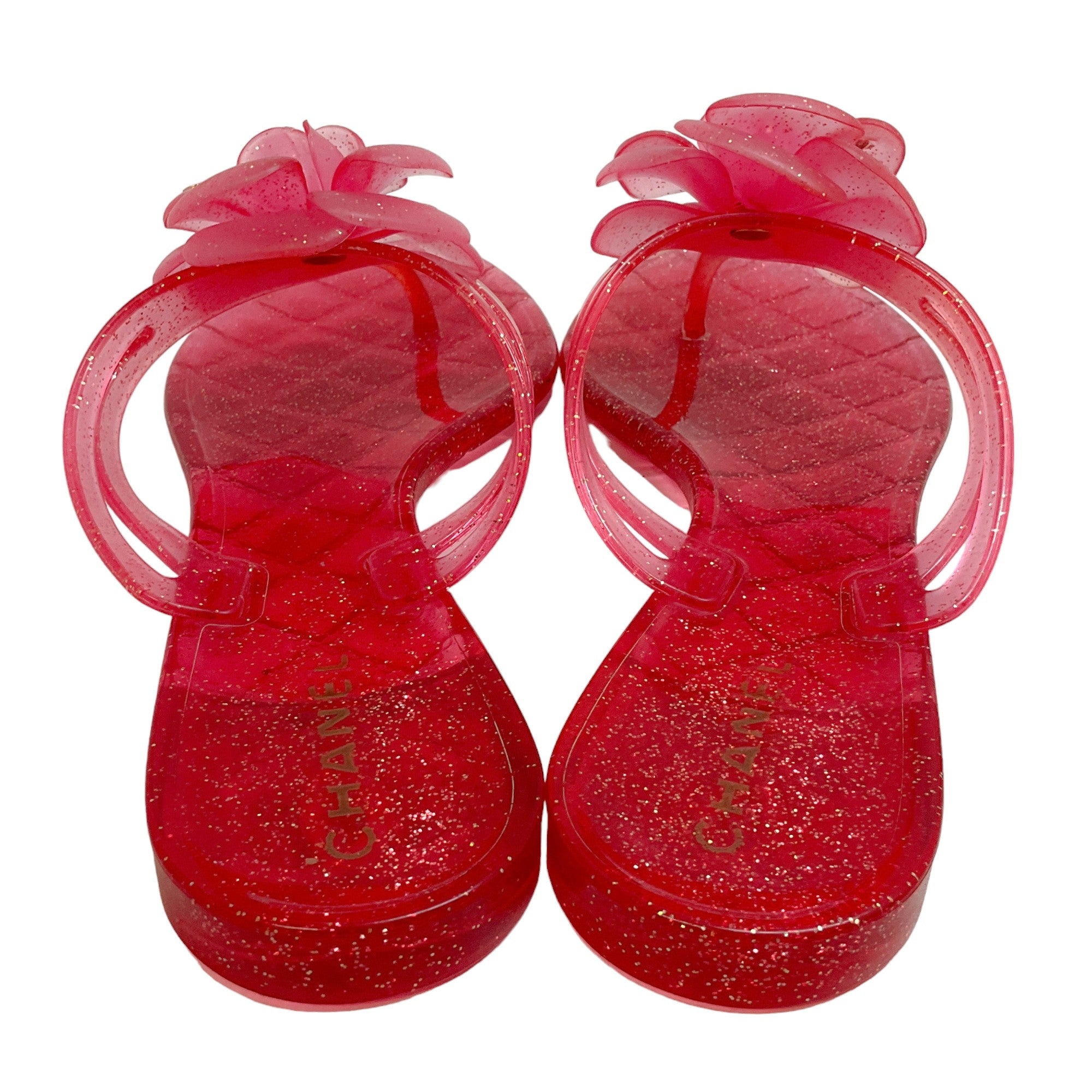 Chanel 2008 Pink Glitter Camellia Jelly Flip Flops
