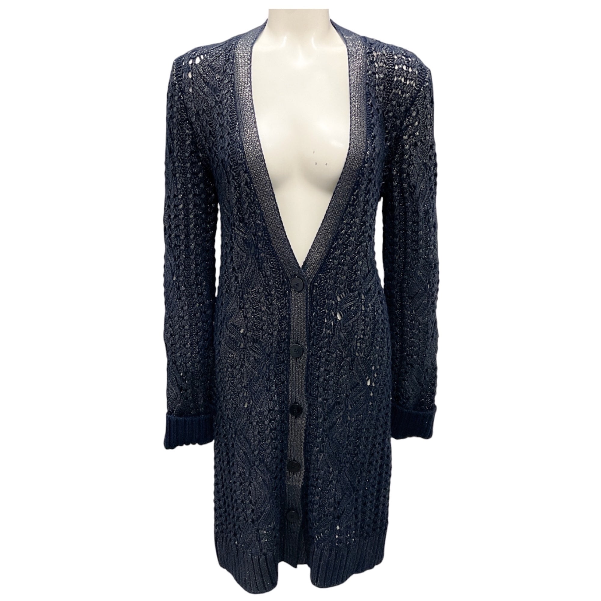 Oscar de la Renta 2013 Navy Metallic Knit Long Cardigan Sweater