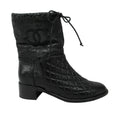 Load image into Gallery viewer, Chanel Black Matelasse Quilted Patent Leather Cap Toe Block Heel Mid Calf Boots
