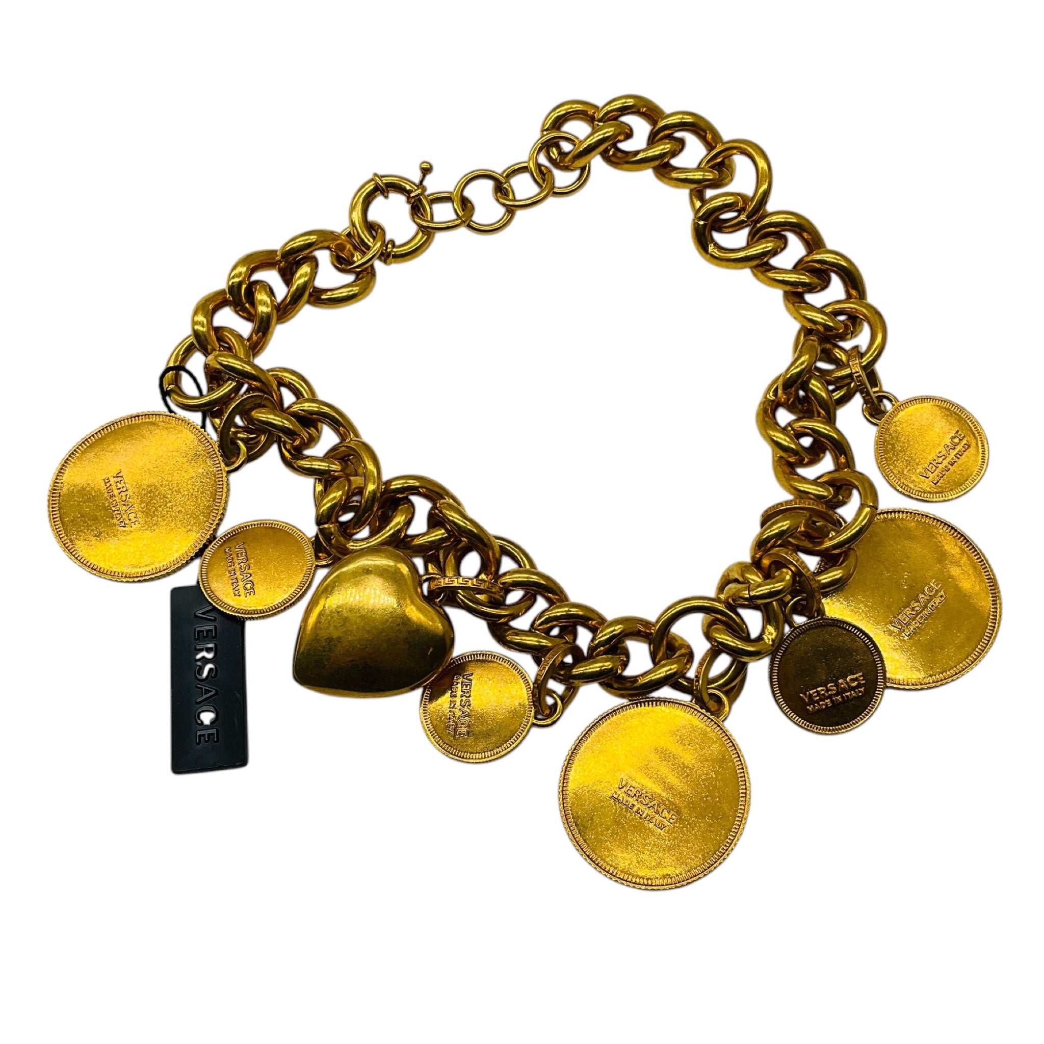 Versace Tribute Gold Heritage Medusa Coin and Heart Medallion Charm Chunky Chain Necklace