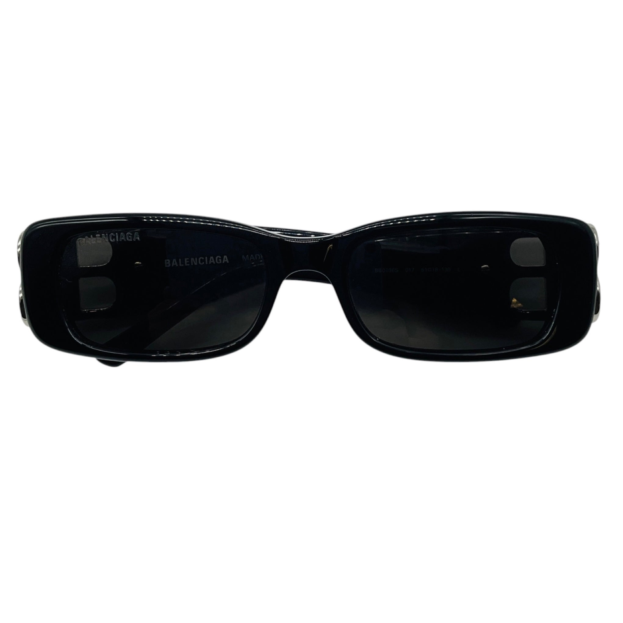 Balenciaga Black / Silver Crystal Embellished BB Logo Rectangular Shape Acetate Narrow Dynasty Sunglasses