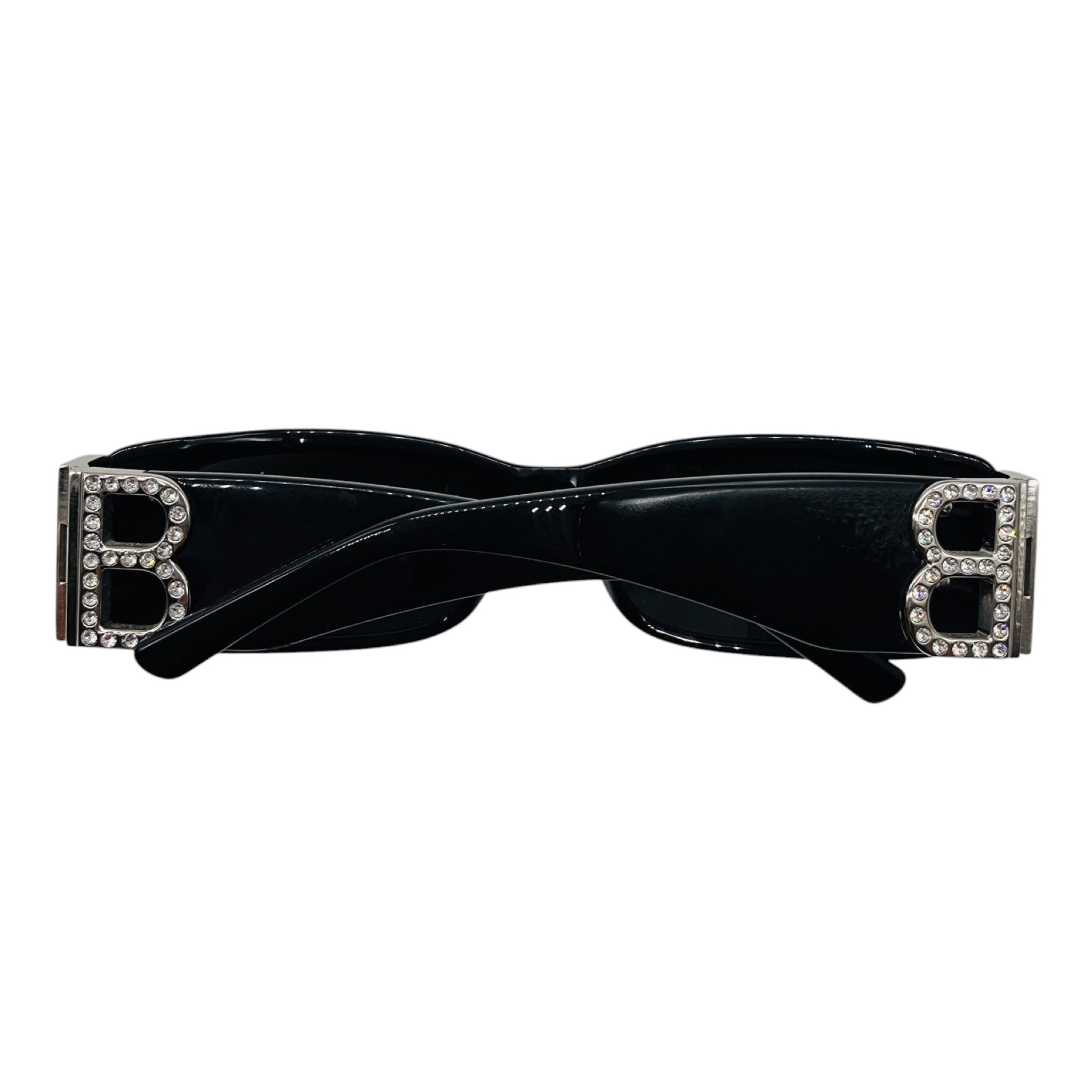 Balenciaga Black / Silver Crystal Embellished BB Logo Rectangular Shape Acetate Narrow Dynasty Sunglasses