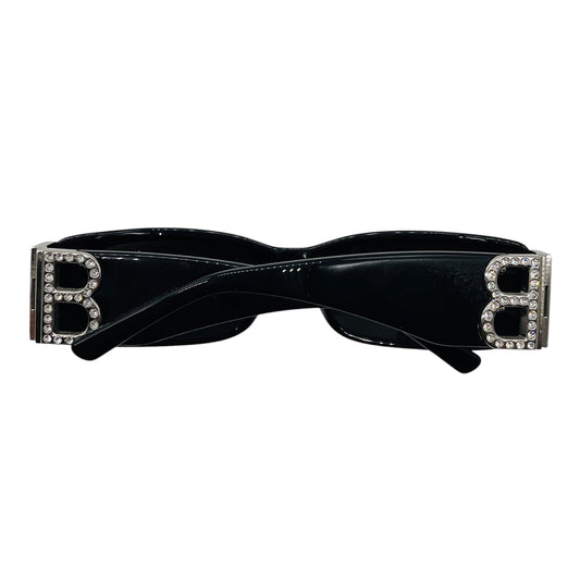 Balenciaga Black / Silver Crystal Embellished BB Logo Rectangular Shape Acetate Narrow Dynasty Sunglasses