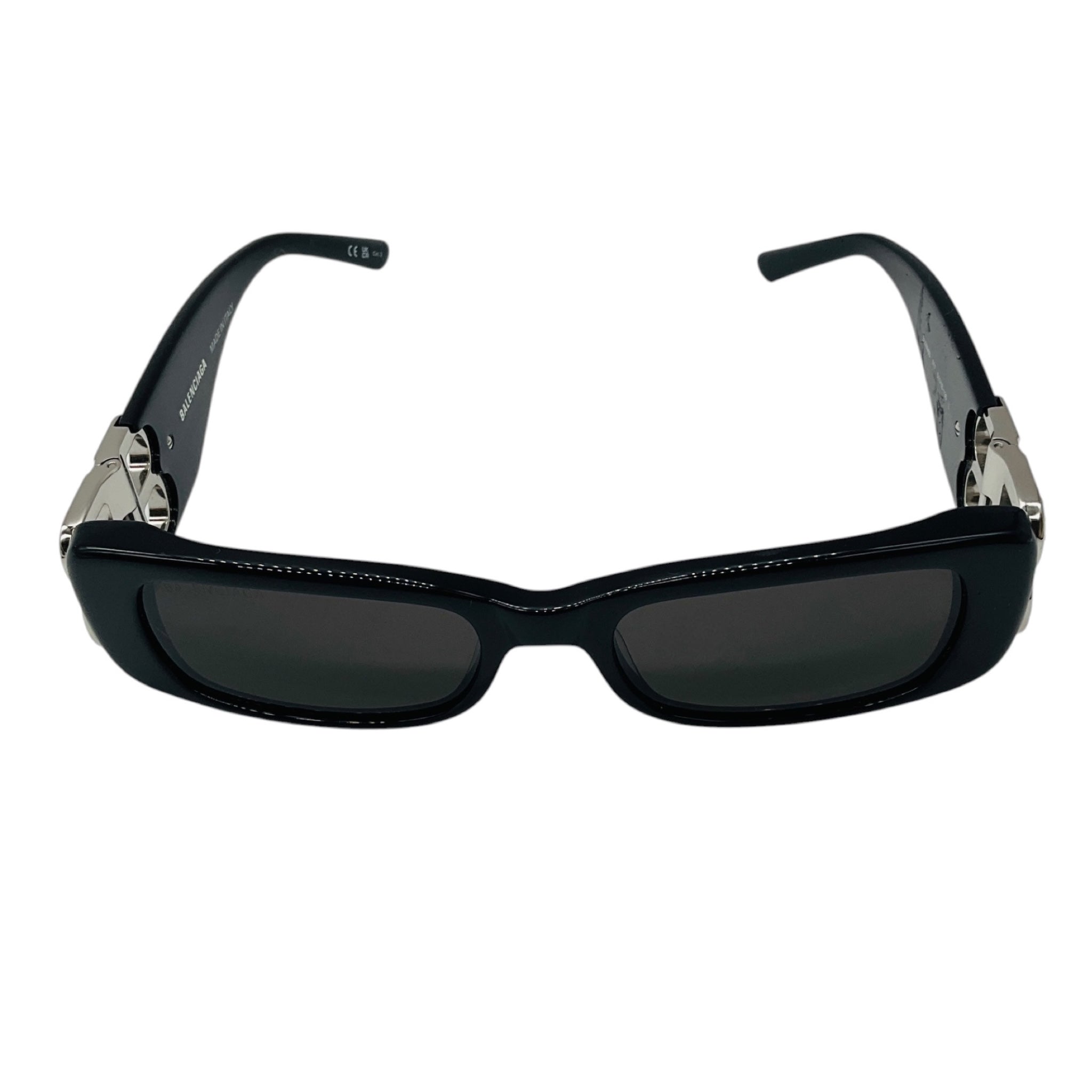 Balenciaga Black / Silver Crystal Embellished BB Logo Rectangular Shape Acetate Narrow Dynasty Sunglasses