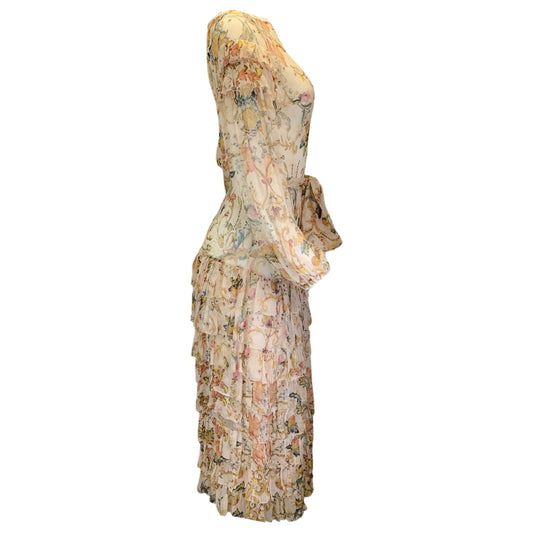Zimmermann Beige Multi Floral Printed Belted Silk Midi Dress