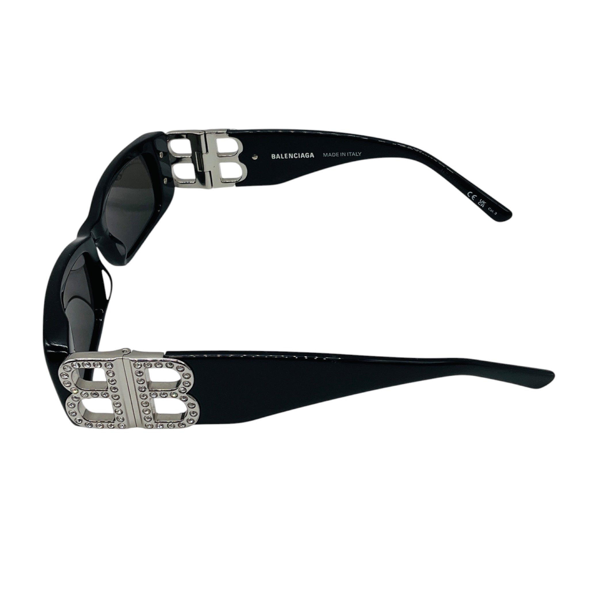 Balenciaga Black / Silver Crystal Embellished BB Logo Rectangular Shape Acetate Narrow Dynasty Sunglasses