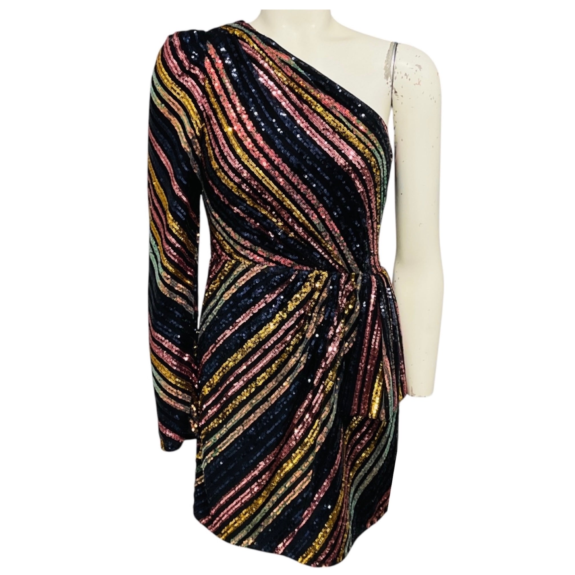 Self-Portrait Black Multi Stripe Sequin Asymmetric Mini Dress
