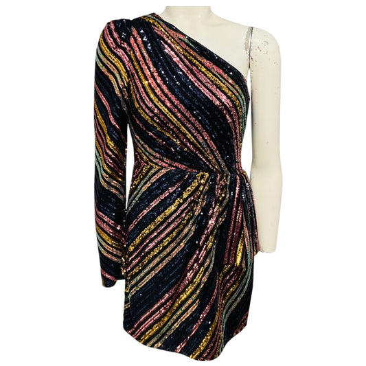 Self-Portrait Black Multi Stripe Sequin Asymmetric Mini Dress
