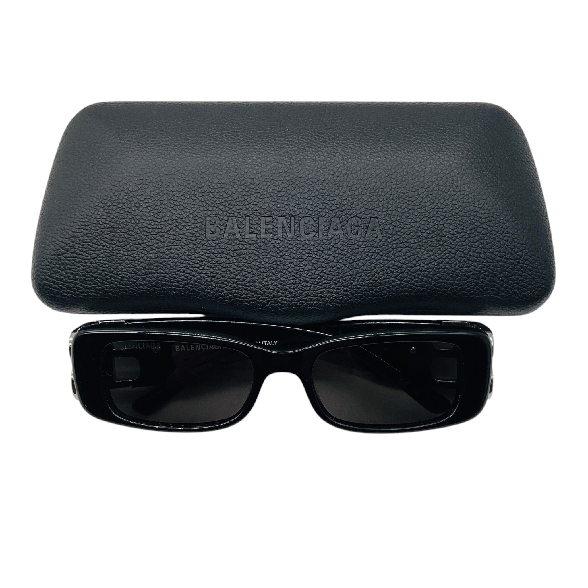 Balenciaga Black / Silver Crystal Embellished BB Logo Rectangular Shape Acetate Narrow Dynasty Sunglasses