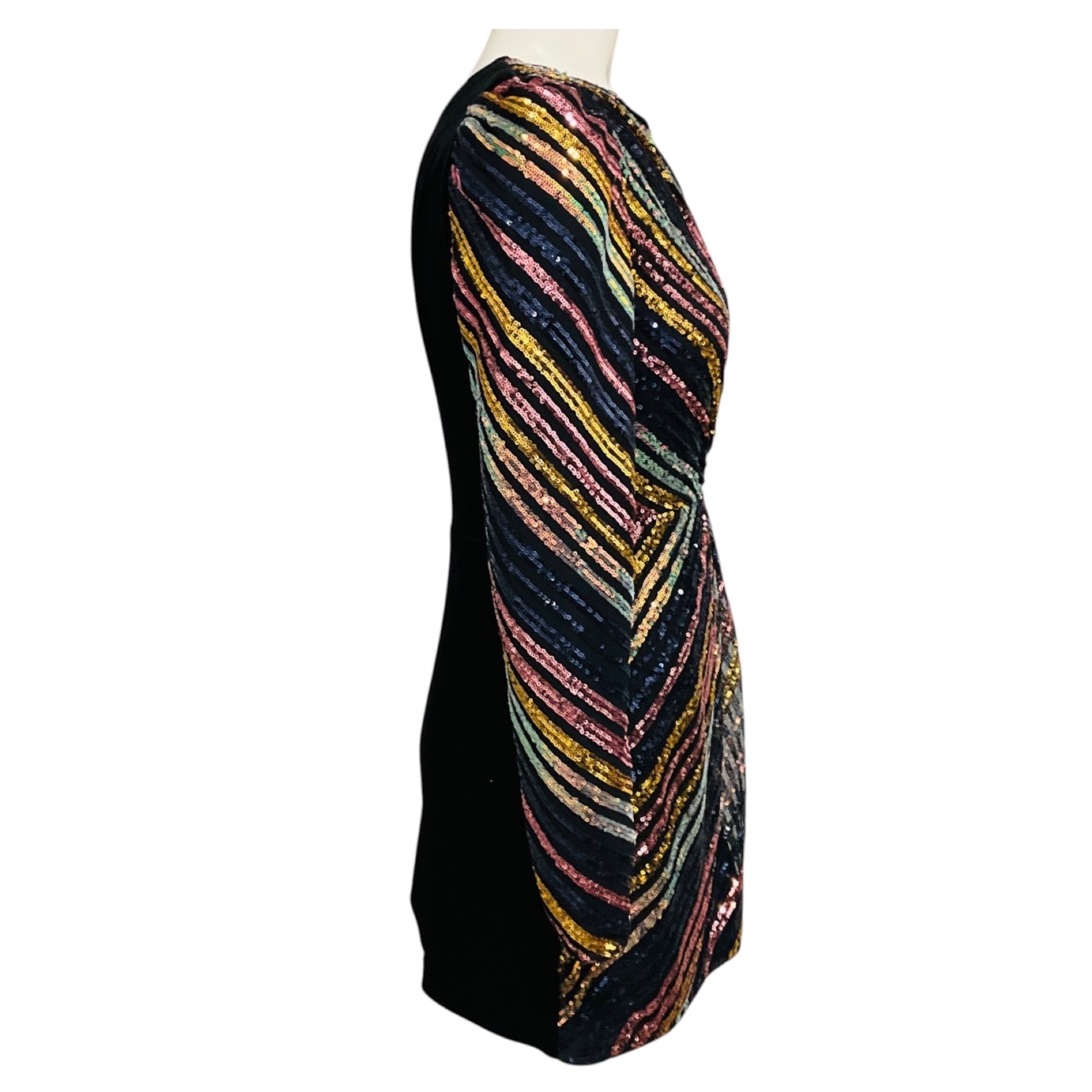 Self-Portrait Black Multi Stripe Sequin Asymmetric Mini Dress