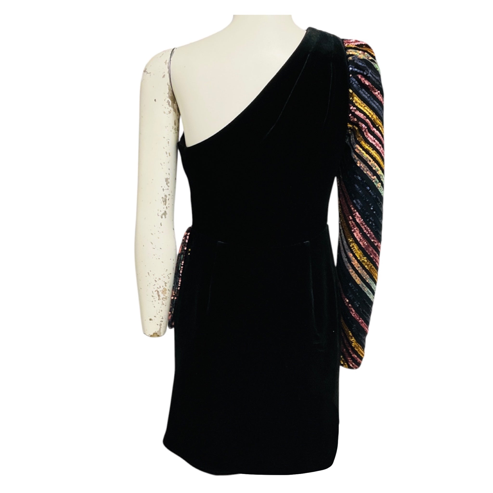 Self-Portrait Black Multi Stripe Sequin Asymmetric Mini Dress