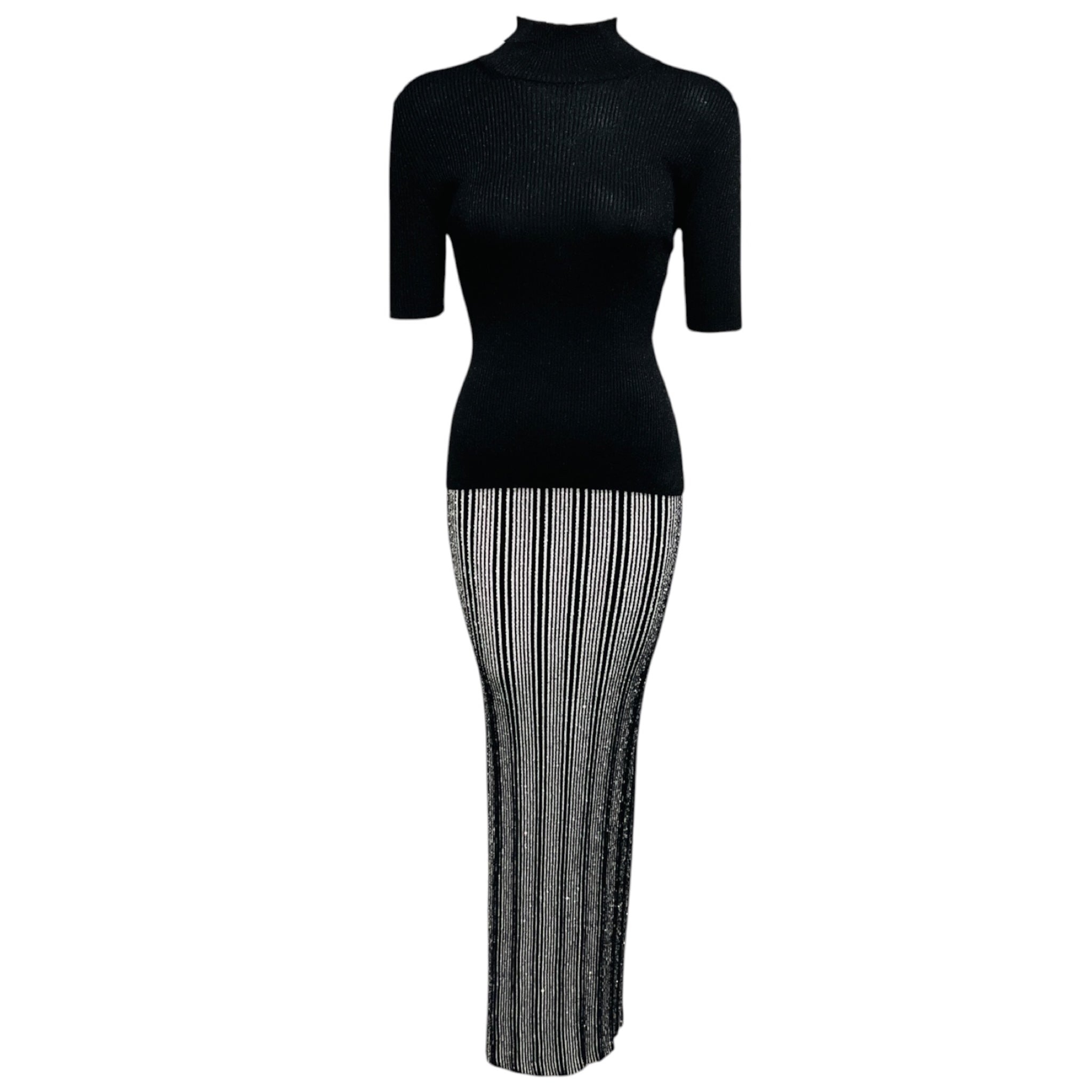 Missoni Black Shimmer Knit Top and Black / White / Silver Metallic Sequined Knit Maxi Skirt