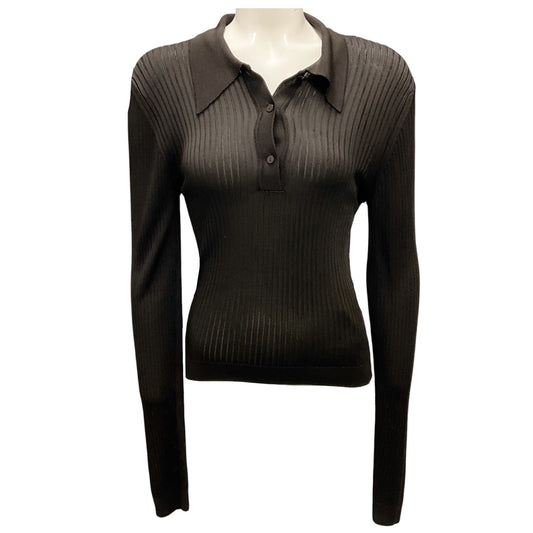 Officine Generale Dark Coffee Jana Ribbed Shiny Viscose Polo Top