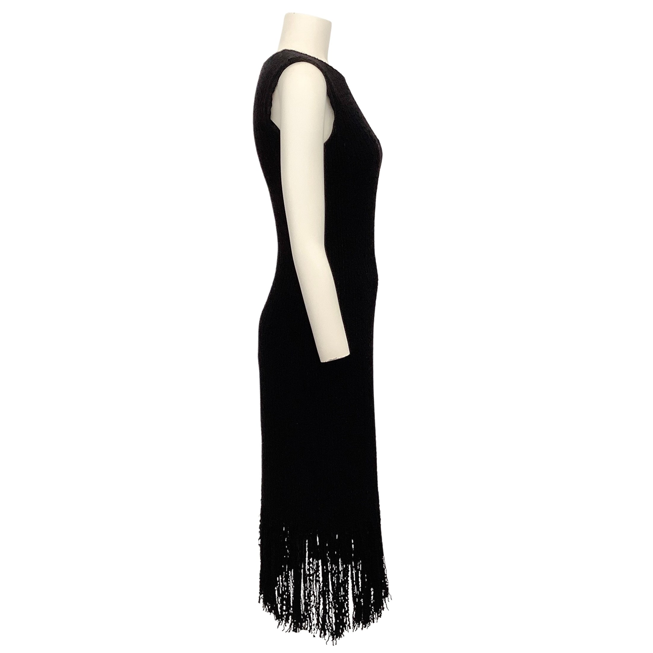 Maiyet Black Wool Tweed Sleeveless Midi Dress with Fringe