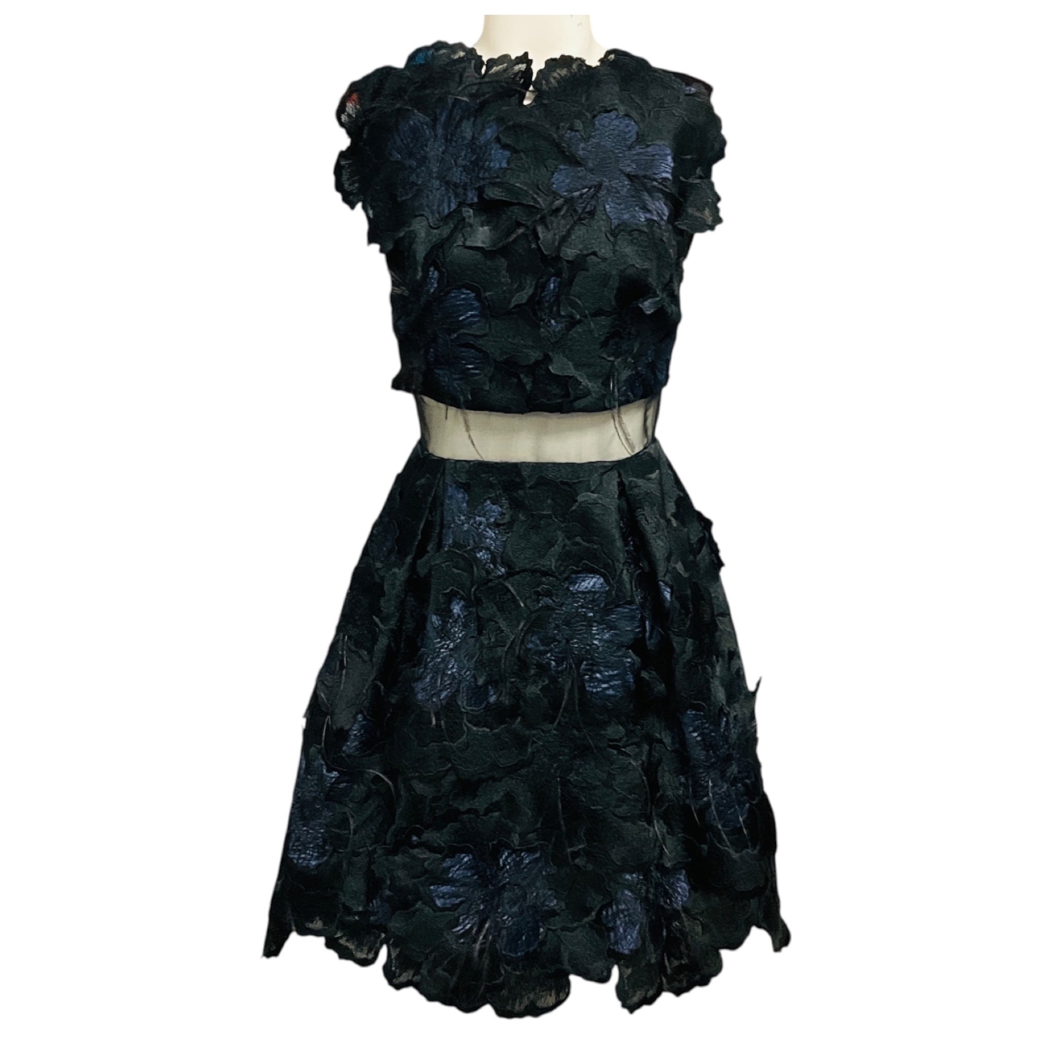 Erdem Navy Blue / Black Feather Embellished Floral Jacquard Mini Cocktail Dress