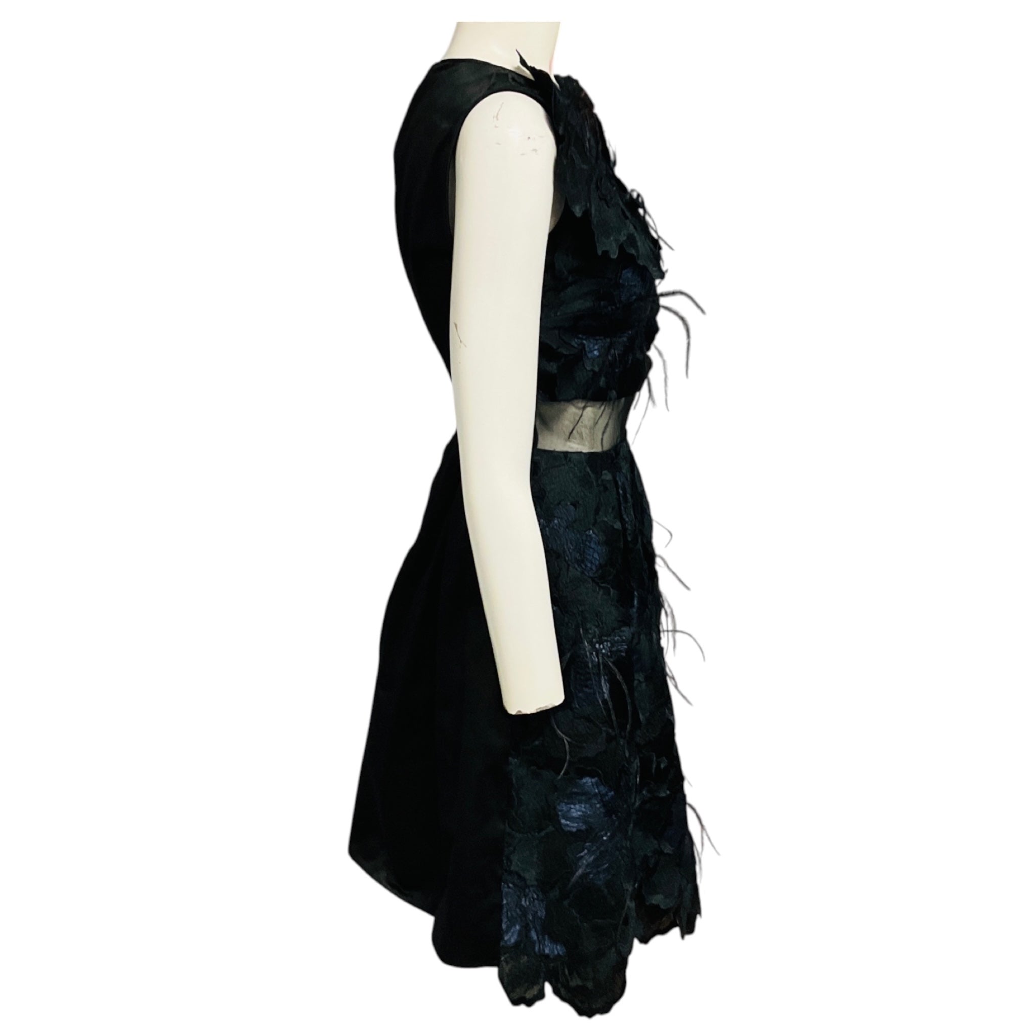 Erdem Navy Blue / Black Feather Embellished Floral Jacquard Mini Cocktail Dress
