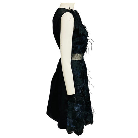 Erdem Navy Blue / Black Feather Embellished Floral Jacquard Mini Cocktail Dress