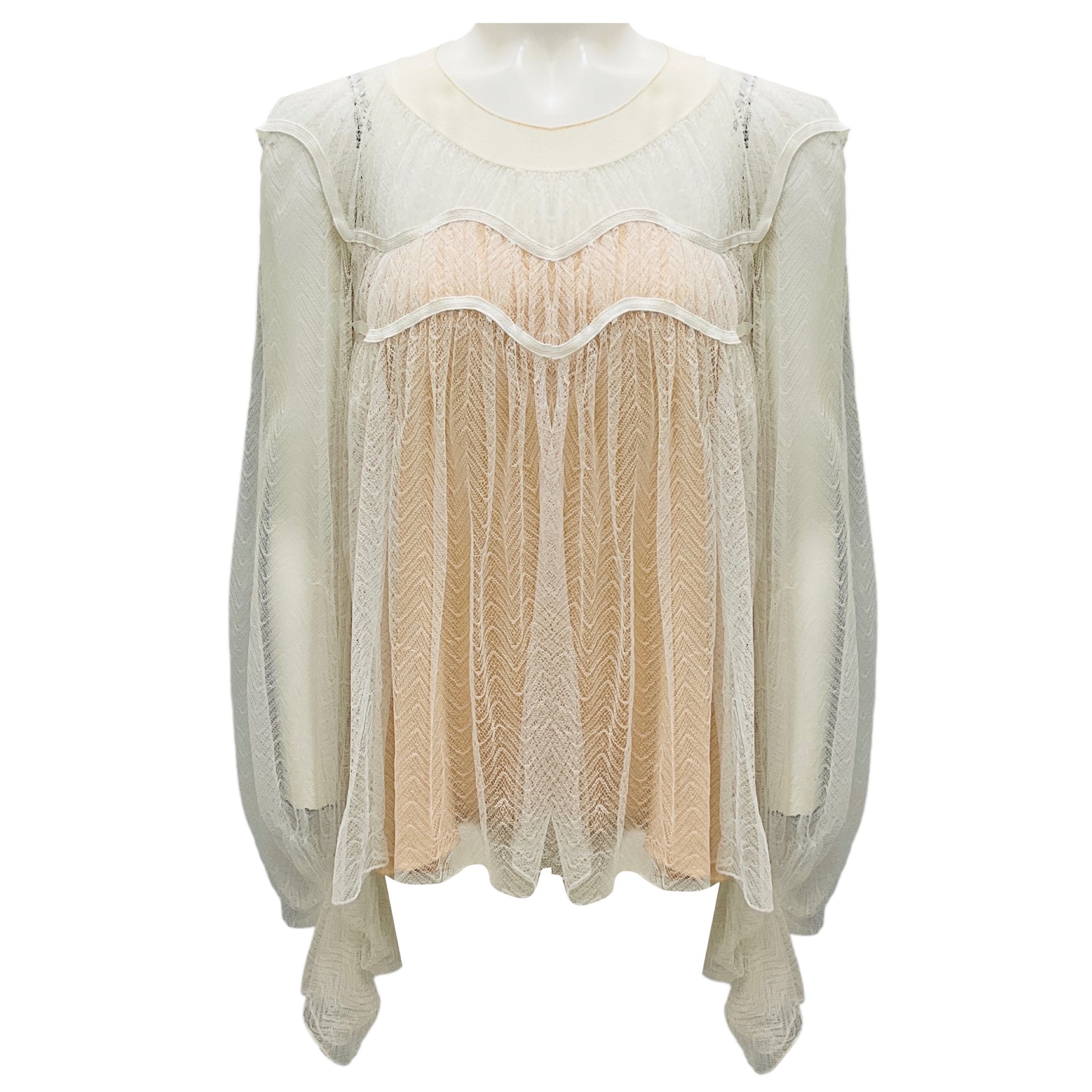 Chloe Milk Long Sleeved Mesh Tulle Lace Overlay Silk Blouse