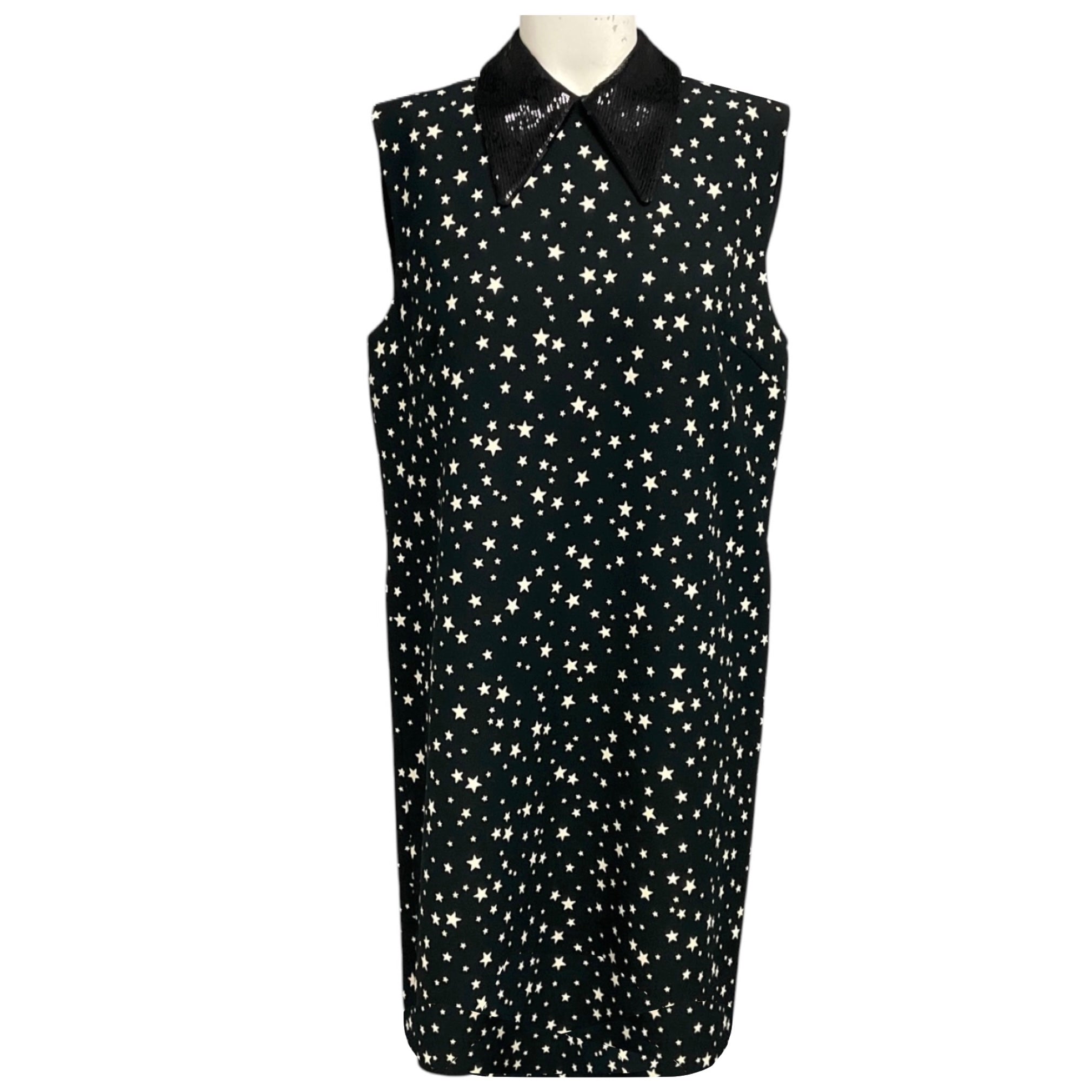 Miu Miu Black / Ivory Star Print Crepe Dress with Sequin Collar
