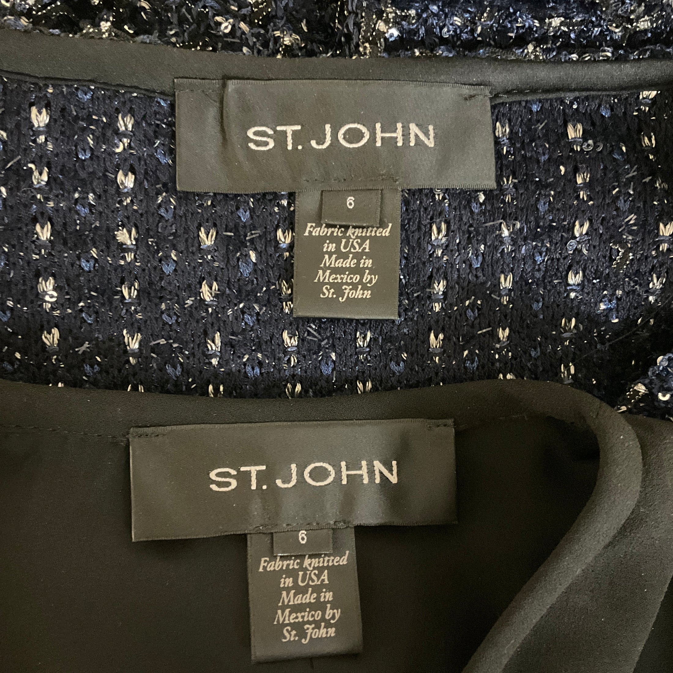 St. John Navy Sequined Metallic Knit Jacket and Dress Suit Set