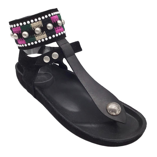 Isabel Marant Black Multi Embellished Ankle Wrap Flat Suede Thong Sandals