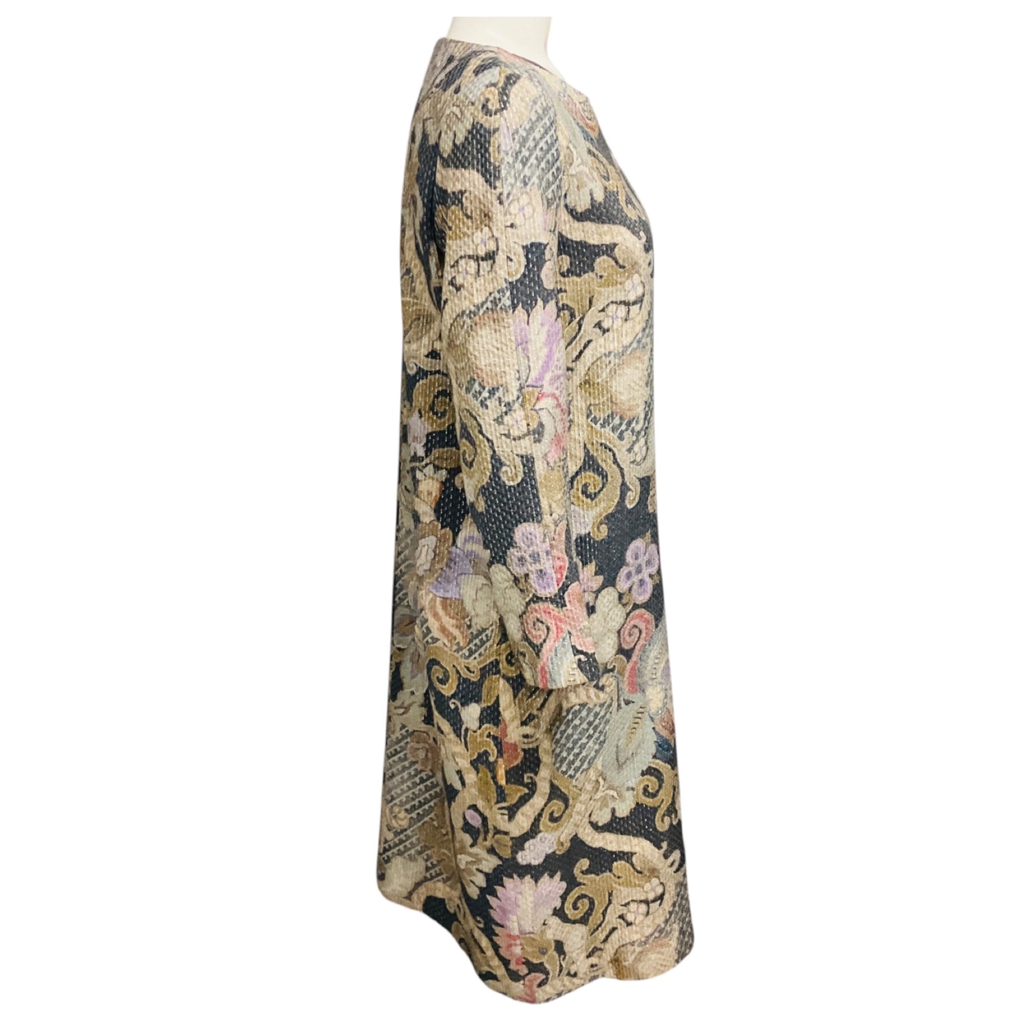 Dries Van Noten Grey / Beige / Silver Metallic Jacquard Long Sleeved Midi Cocktail Dress