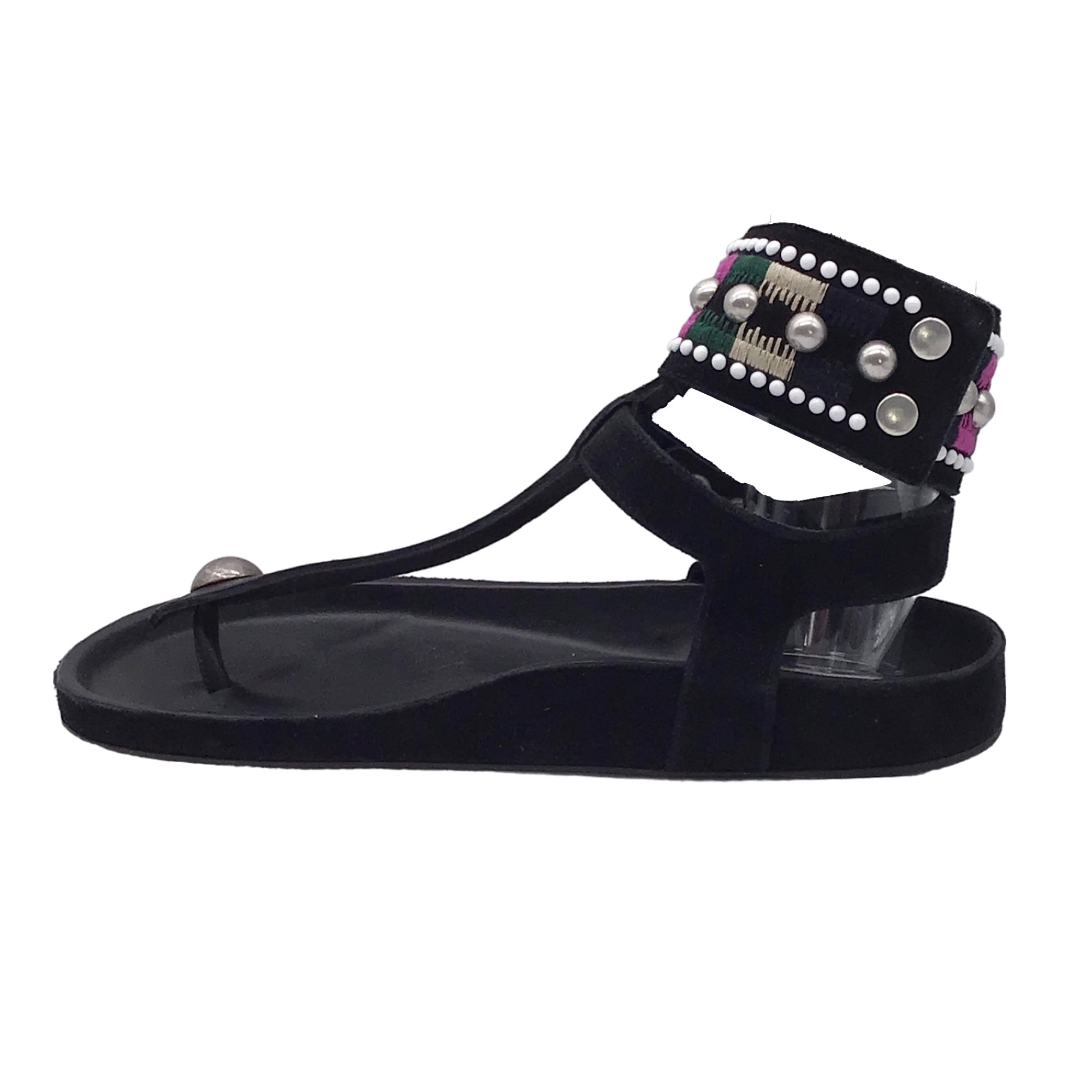 Isabel Marant Black Multi Embellished Ankle Wrap Flat Suede Thong Sandals