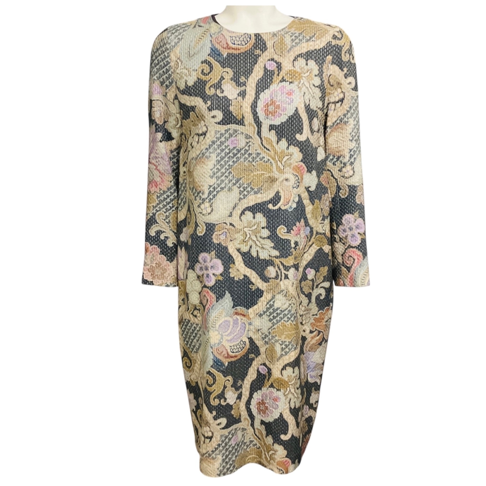Dries Van Noten Grey / Beige / Silver Metallic Jacquard Long Sleeved Midi Cocktail Dress