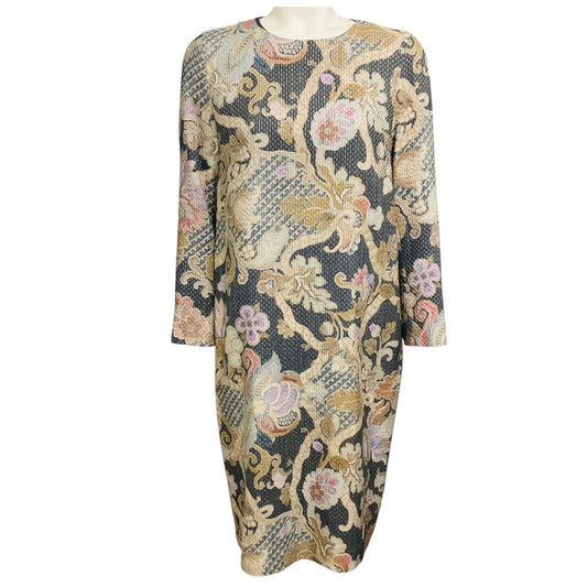 Dries Van Noten Grey / Beige / Silver Metallic Jacquard Long Sleeved Midi Cocktail Dress