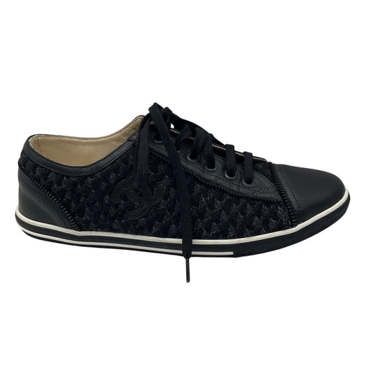 Chanel Black Interlocking CC Logo Tweed and Leather Sneakers