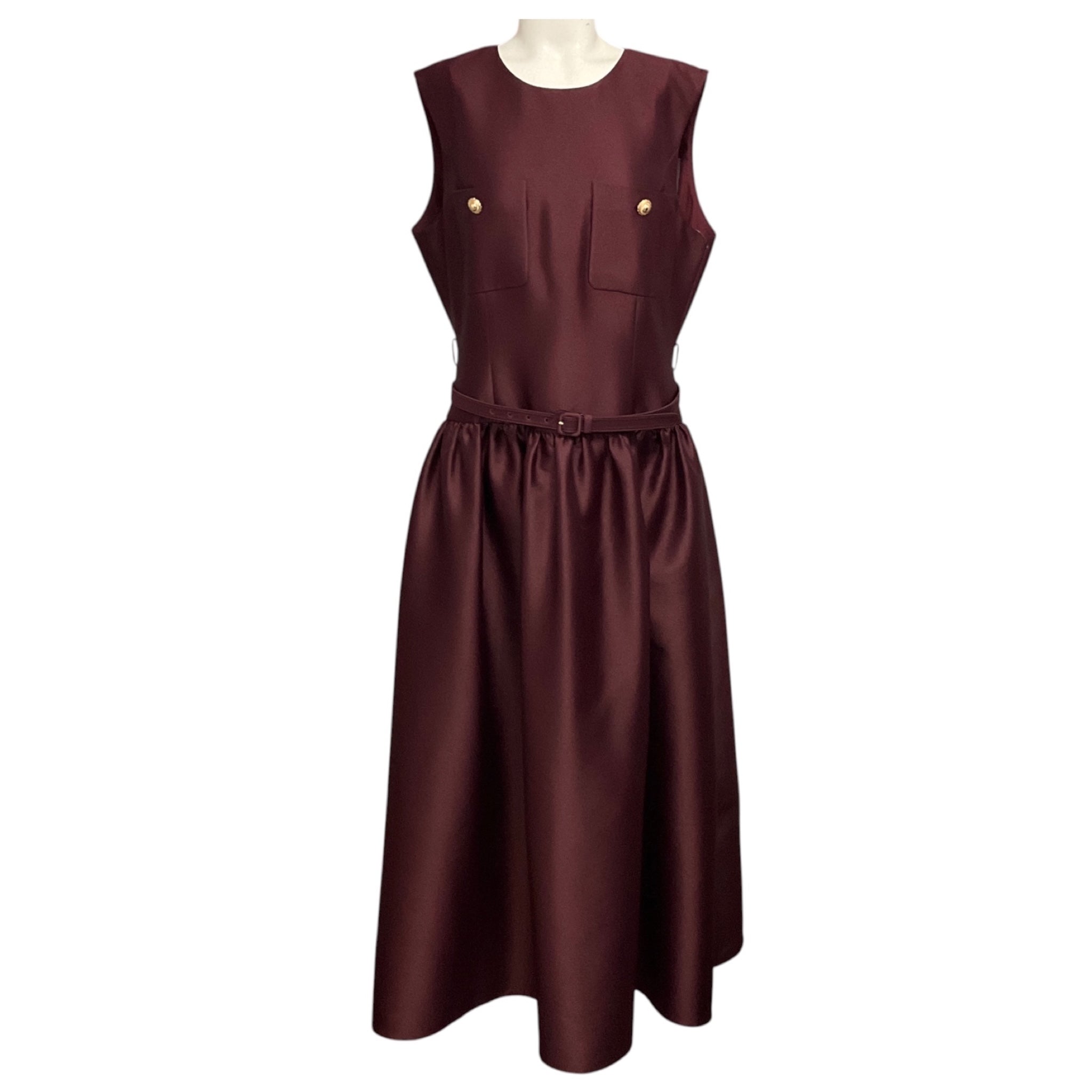 Self-Portrait Burgundy Taffeta Midi Dress with Belt